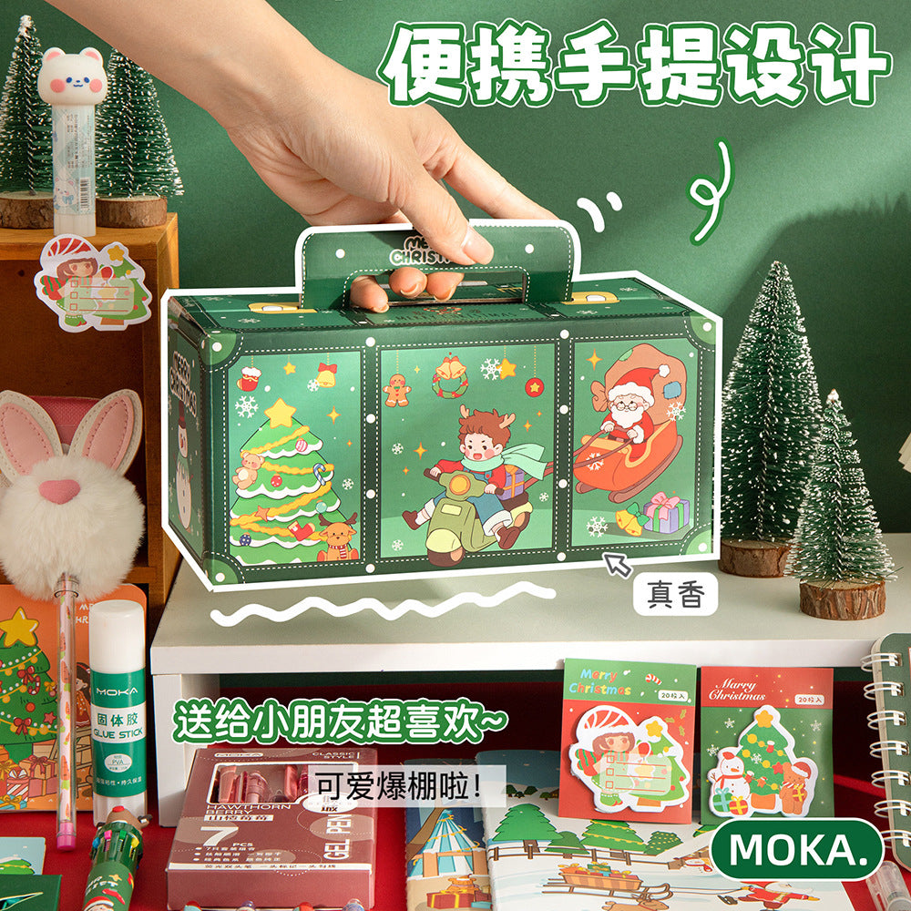 MOKA圣诞学生文具套装手提款幸运盲盒卡通惊喜学生礼物 MOKA Christmas Student Stationery Set: Carry-Style Lucky Mystery Box—Cartoon Surprise Gift for Students