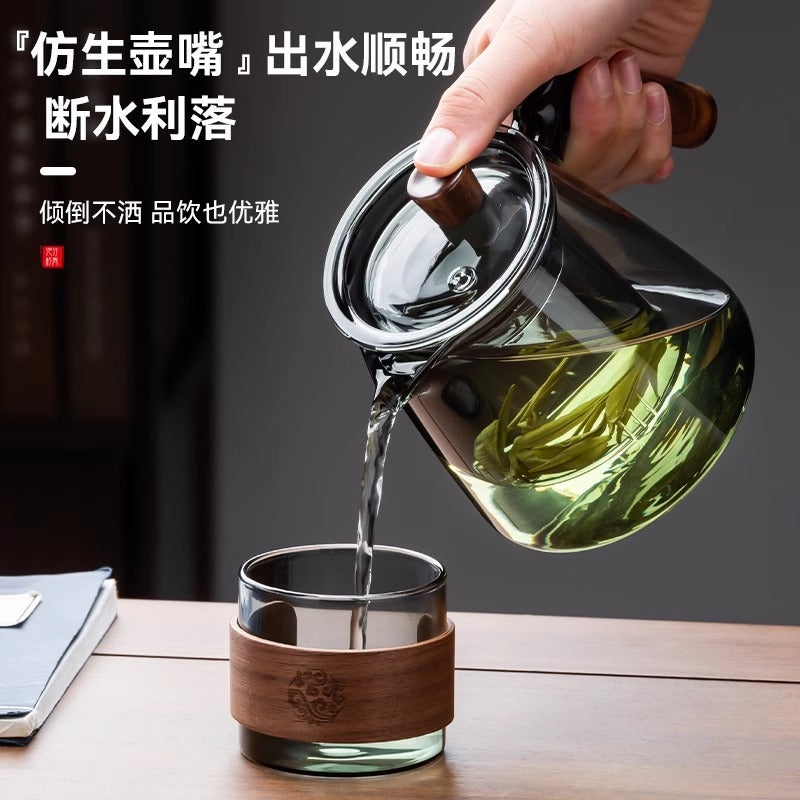 胡桃木把手泡茶壶高硼硅耐热玻璃茶壶茶室办公家用茶水分离杯Walnut-Handled Teapot, High-Borosilicate Heat-Resistant Glass Teapot, Tea Room, Office, and Home Use, Tea-Water Separation Cup