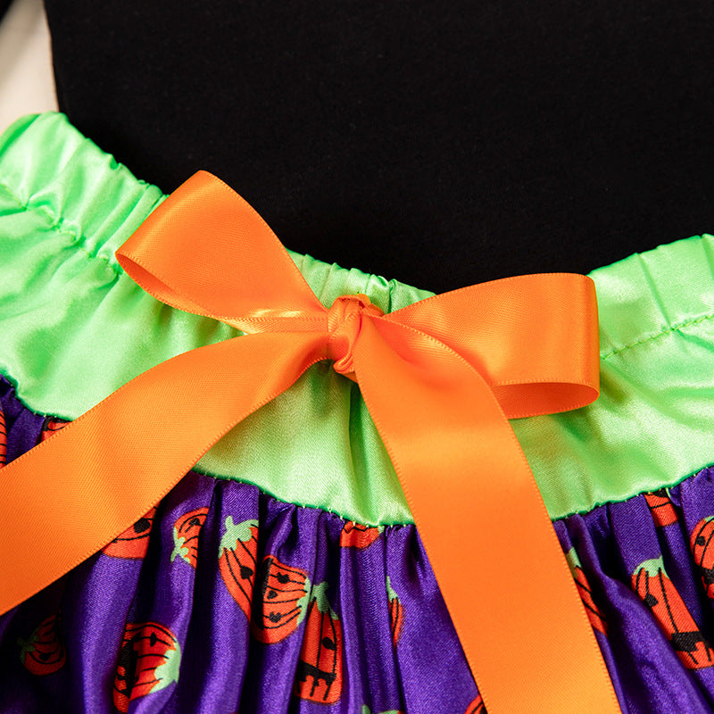 万圣节婴儿服饰女宝宝卡通南瓜长袖哈衣公主裙套装Halloween Baby Outfit for Girls: Cartoon Pumpkin Long-Sleeve Onesie and Princess Dress Set