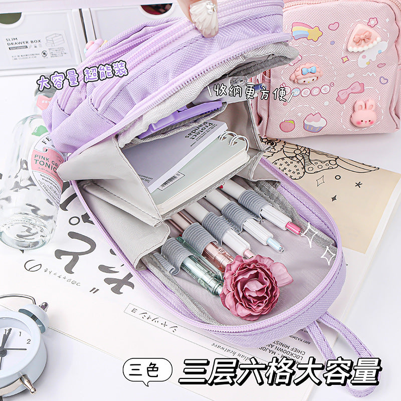 MOKA大容量手提挂绳笔袋可爱卡通男女孩小书包文具袋多层铅笔袋MOKA Large-Capacity Tote Pencil Case with Lanyard—Cute Cartoon Design for Boys and Girls, Small Backpack, Stationery Pouch, Multi-Compartment Pencil Case