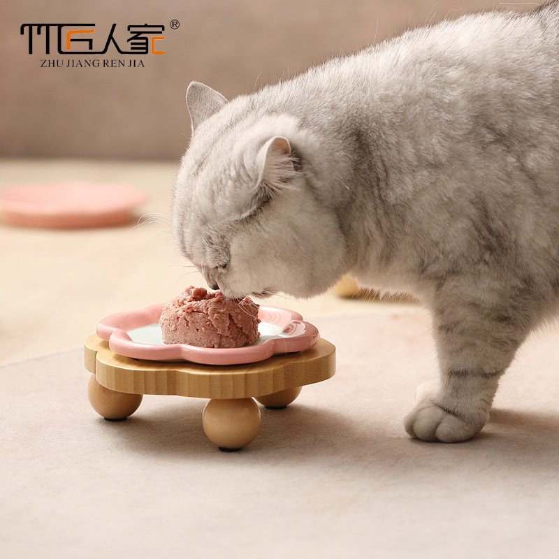 花朵竹制宠物猫碗架陶瓷猫咪猫粮猫食盆防打翻饭碗狗狗双碗餐盘定Floral Bamboo Pet Cat Bowl Stand, Ceramic Cat Food Bowl, Anti-tip Bowl, Dog Double-Bowl Set
