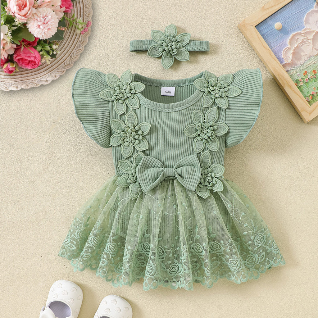 婴幼女童花朵哈衣新生儿蕾丝网纱哈裙连体衣Floral Rompers for Infants and Toddler Girls; Lace Tulle Skirt Rompers for Newborns