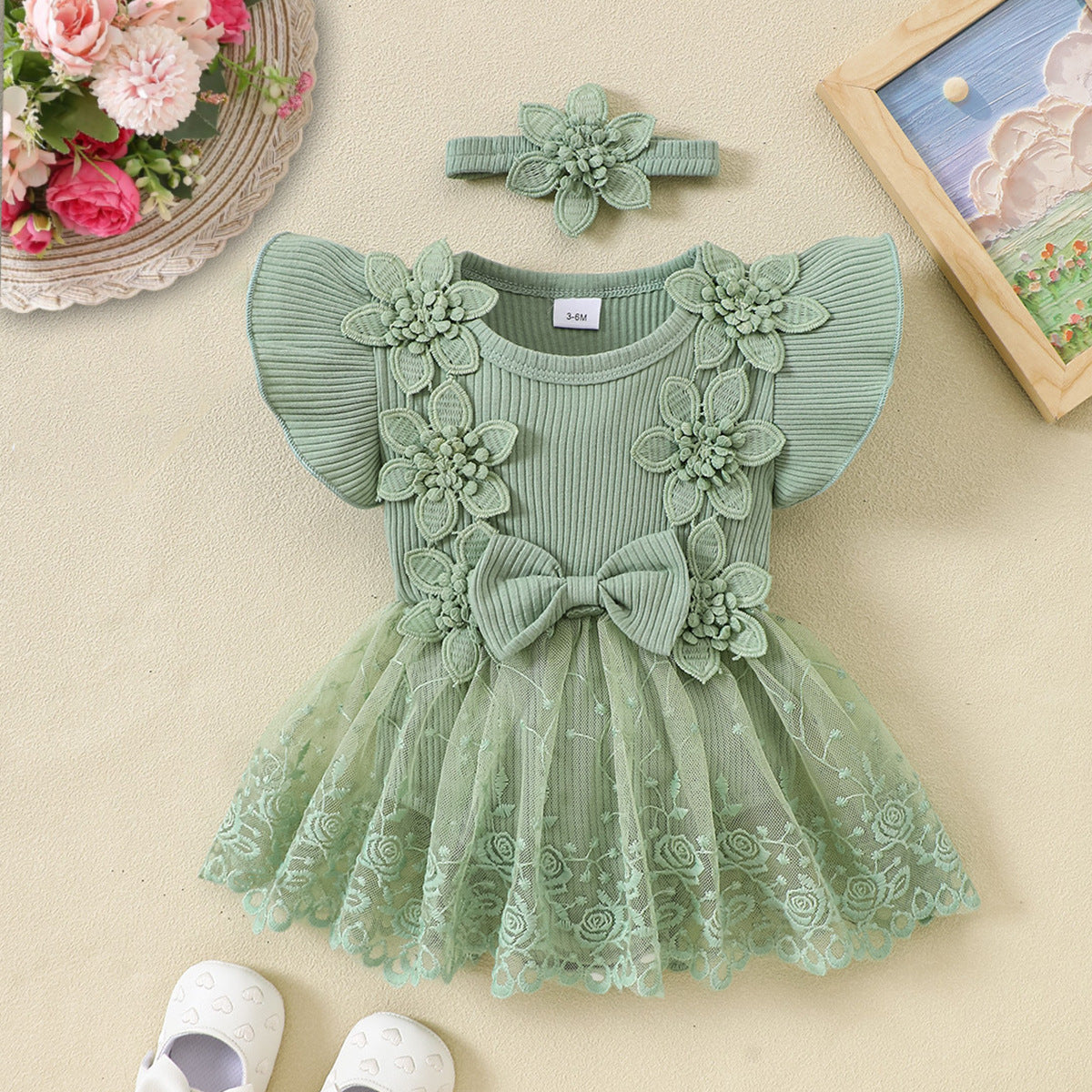 婴幼女童花朵哈衣新生儿蕾丝网纱哈裙连体衣Floral Rompers for Infants and Toddler Girls; Lace Tulle Skirt Rompers for Newborns