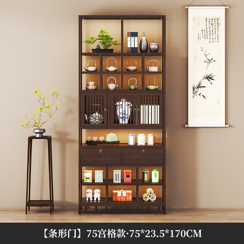 新中式博古架茶室茶叶摆放架非实木茶具茶柜收纳置物架隔断展示架New Chinese-style display cabinet, tea room tea leaf display stand, non-solid wood tea set cabinet, storage rack, partition and display unit