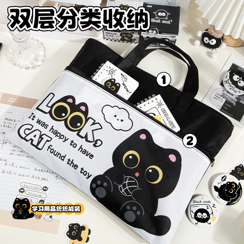 黑猫卡通拉链式手提袋学生高颜值双层帆布包大容量收纳可爱补习袋Black Cat Cartoon Zipper Tote Bag: Stylish Double-Layer Canvas Bag for Students with Large Storage Capacity—Cute Tutoring Bag