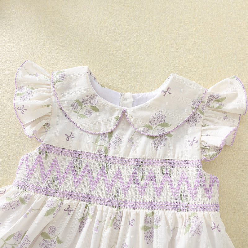 女童打揽刺绣连衣裙夏季飞袖睫毛绣娃娃领棉布公主裙 Girls' Embroidered Summer Dress with Flowy Sleeves, Lash Embroidery, and Peter Pan Collar—Cotton Princess Dress