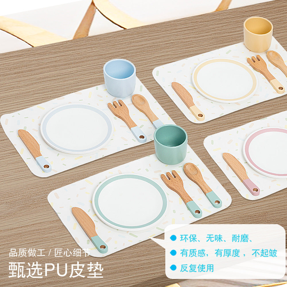 #1348儿童早教木制仿真餐厅刀叉杯子碟子勺子餐具套装过家家玩具#1348 Early Childhood Education Wooden Realistic Restaurant Cutlery Set (Knives, Forks, Cups, Plates and Spoons) for Pretend Play