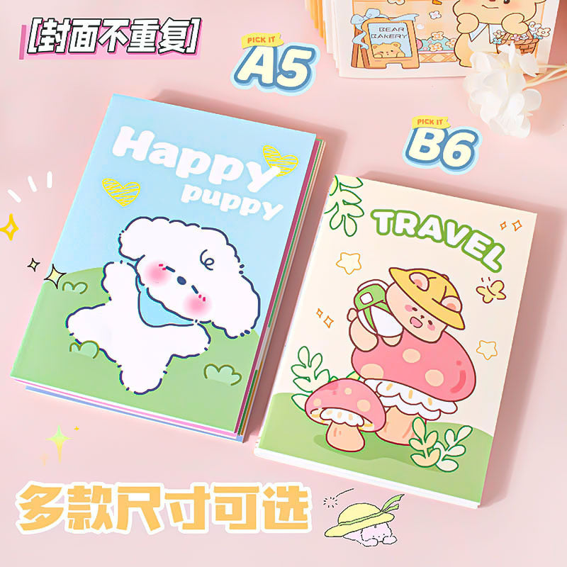 B6/A5卡通横纹车线本可撕学生记事本可爱卡通小狗便签本纸笔记本 B6/A5 Cartoon Striped Stitched Notebook, Tear-Off Student Notepad, Cute Cartoon Puppy Sticky Note Pad, Paper Notebook