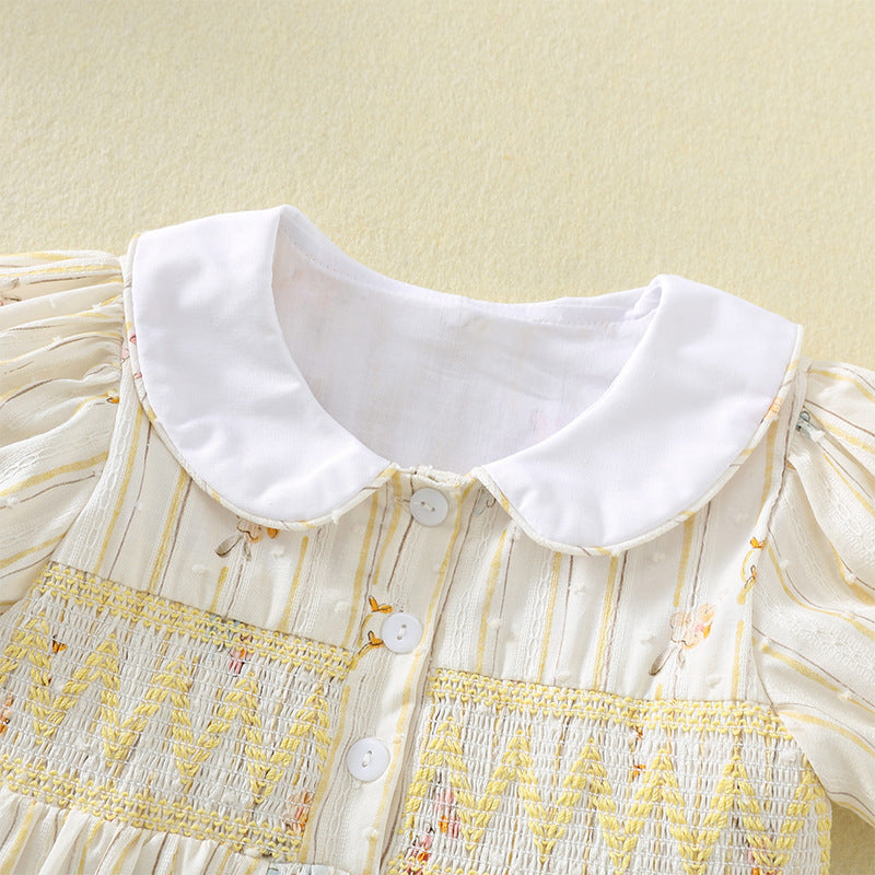 女童短袖打揽连衣裙夏季娃娃领花苞袖公主童裙 Girls' Short-Sleeve Ruched Dress, Summer Peter Pan Collar, Puff Sleeves, Princess Style