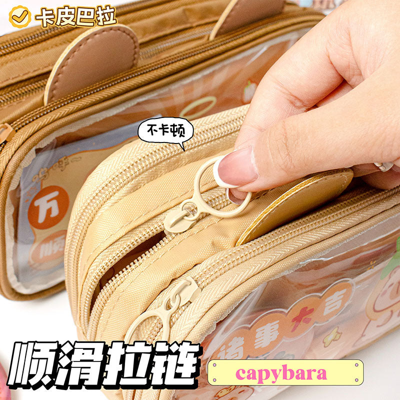 卡皮巴拉笔袋女孩小学生2026新款多层大容量儿童文具铅笔盒批发 Capybara Pencil Case for Girls: Elementary School Students—Multi-Compartment, Large-Capacity Children's Stationery Pencil Case