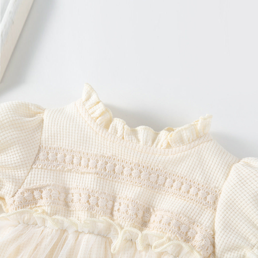 春秋女宝宝蕾丝长袖连体包屁衣花边领华夫格女童哈衣裙 Spring/Fall Girls' Lace Long-Sleeve Rompers with Lace Collar and Waffle-Patterned Dresses