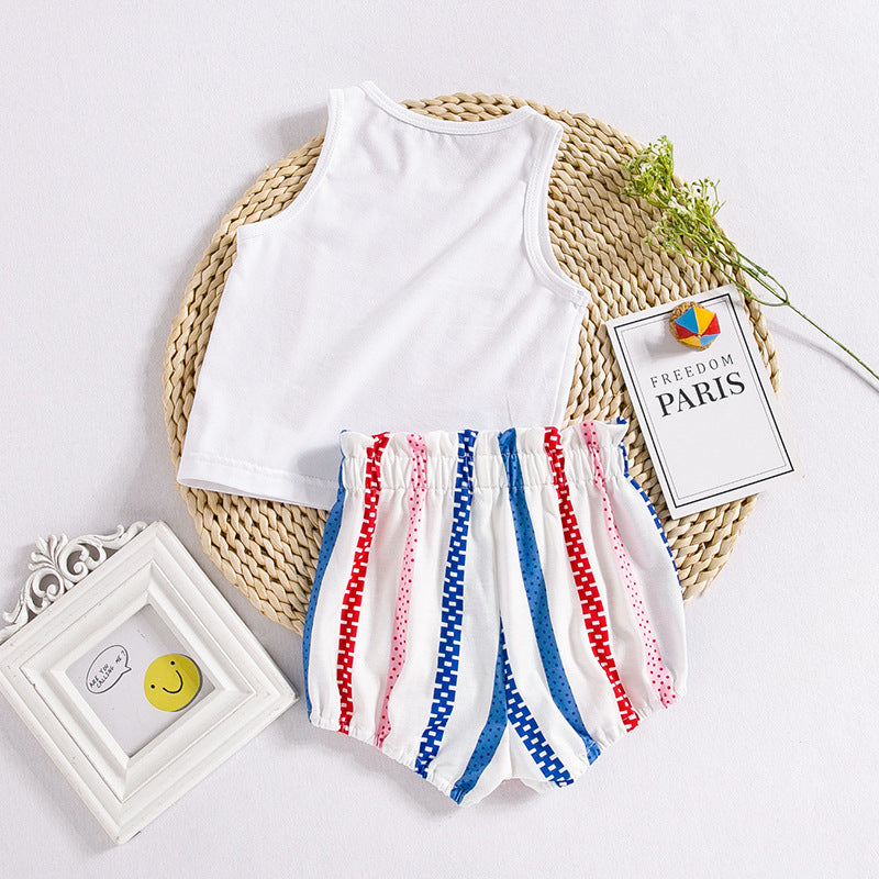 美国独立日套装印花字母无袖T恤条纹短裤2件套American Independence Day Baby Outfit Set: Printed Letter Sleeveless T-Shirt and Striped Shorts (2-Piece Set)