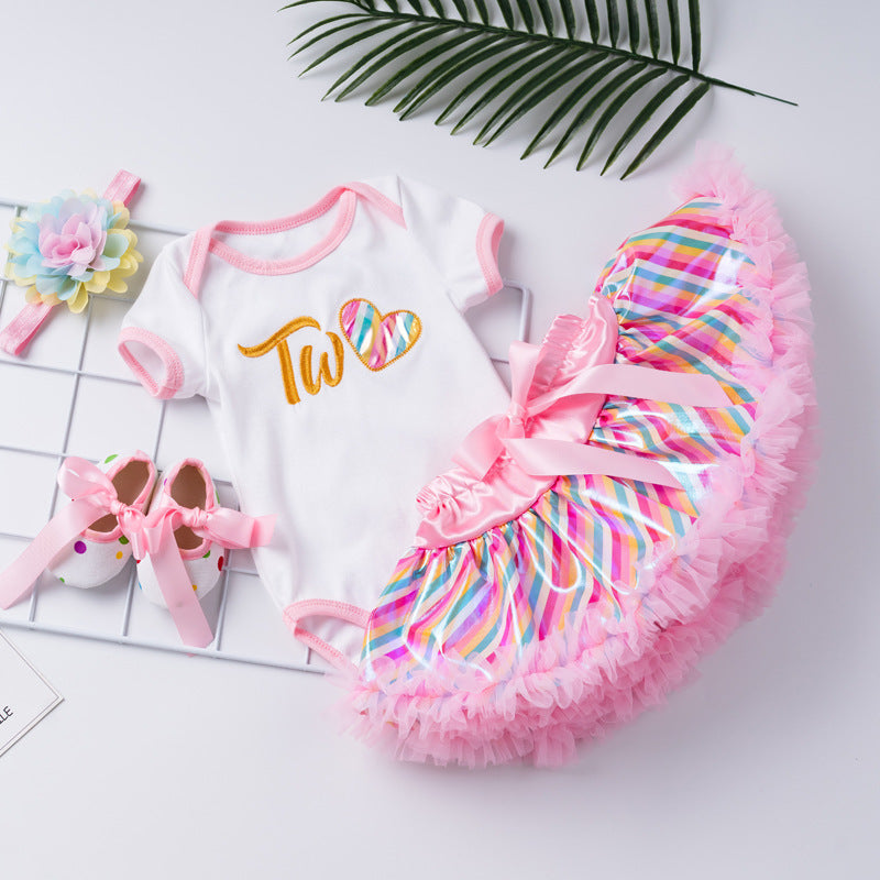 欧美宝宝生日套装婴儿周岁节日装夏季短袖绣花爬服公主裙套装Baby Birthday Outfit Set: 1st Birthday Outfit, Summer Short-Sleeve Embroidered Romper and Princess Dress Set