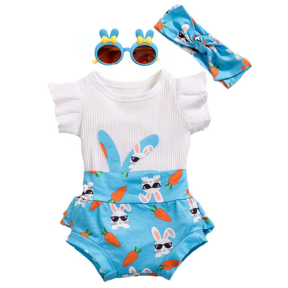 复活节女宝宝飞袖哈衣+短裤+头花多件套 Easter Baby Girl Set: Ruffled Romper + Shorts + Hair Clip