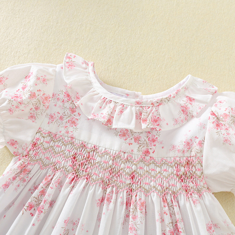 夏季女童手工打揽绣花连衣裙法式重工碎花裙公主裙Summer Handmade Embroidered Dresses for Girls: French-Style Heavy Embroidery Floral Print Princess Dresses
