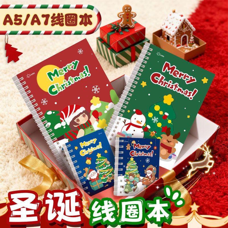 圣诞线圈本礼物可爱卡通手账本A5笔记本学生小本子学习文具记事本Christmas Spiral-Bound Gift: Cute Cartoon-Style Planner, A5 Notebook, Student Notebook, School Supplies, Notepad