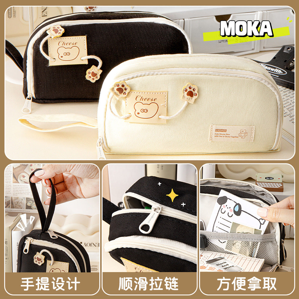 MOKA跳舞小熊笔袋提手大容量笔盒简约卡通提手帆布文具袋盒 MOKA Dancing Bear Pencil Case with Handle—Large-Capacity Pencil Case, Minimalist Cartoon-Style Handle, Canvas Stationery Bag