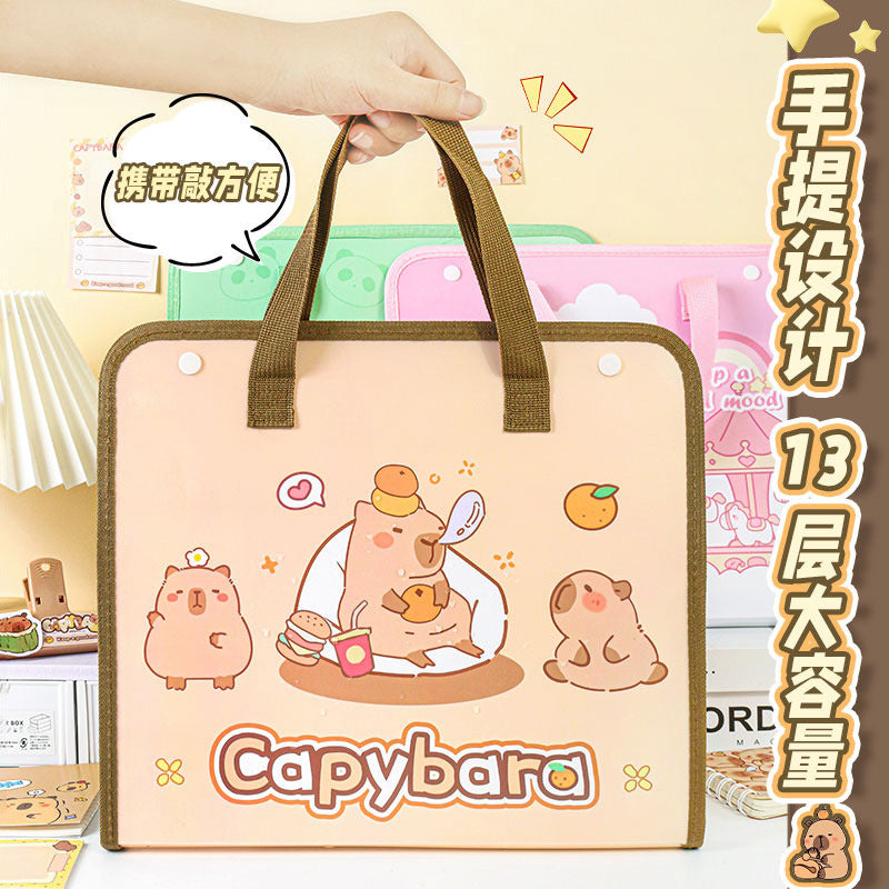 MOKA魔卡卡通横版风琴包卡皮巴拉系列13层大容量手提文具袋MOKA MoKa Cartoon Side-Folding Accordion Bag Capybara Series 13-Compartment Large-Capacity Tote Stationery Bag