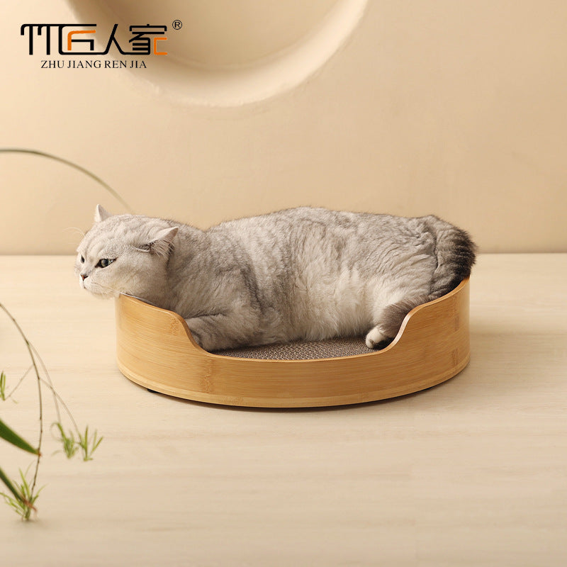 定制楠竹猫抓板猫窝一体超大可睡觉瓦楞纸猫窝磨爪板来图来样贴标Bespoke Nanmu bamboo cat scratching post and bed in one – extra-large corrugated cardboard cat bed and scratching board for sleeping; customisable to your design, sample and labelling requirements