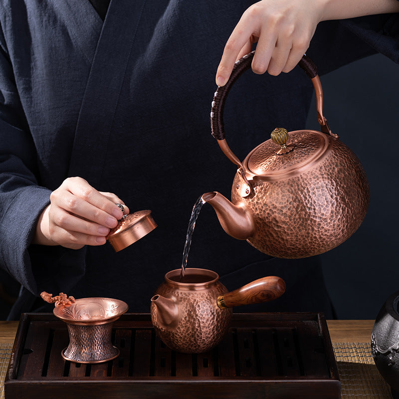 创意家用复古煮茶烧水手工紫铜壶 大容量养生带茶隔带提梁泡茶壶Creative Vintage-Style Handcrafted Red Copper Teapot for Home Use—Large-Capacity Health-Conscious Teapot with Tea Strainer and Handle