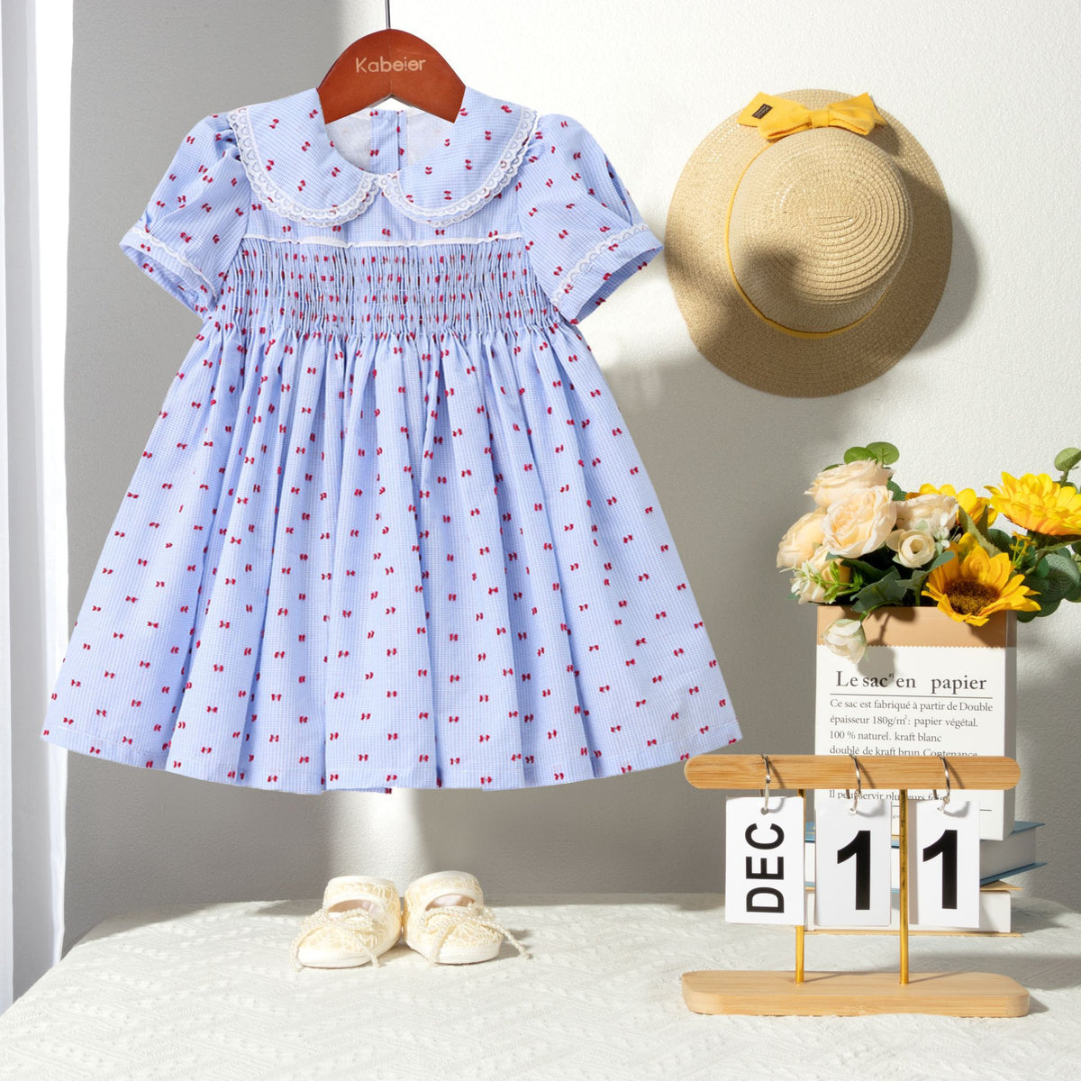 女童连衣裙短袖童裙打揽裙子彩点棉布花边领可爱公主裙 Girls' Dress, Short-Sleeve, Flared, Polka-Dot Cotton, Lace Collar, Cute Princess Dress