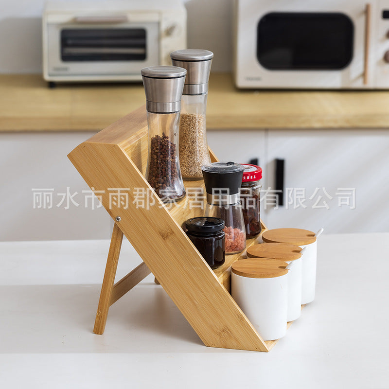 竹制多层调料厨房置物架桌面香料阶梯式木制瓶装罐储物整理展示架Bamboo Multi-Tier Kitchen Spice Rack: Tabletop Stepped Wooden Storage and Display Unit for Bottles and Jars