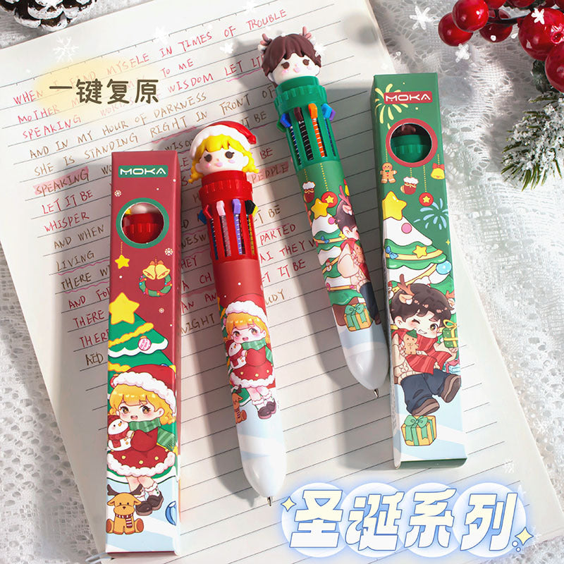 圣诞节10色按动圆珠笔多色笔按压式彩色十色笔学生文具小礼物
