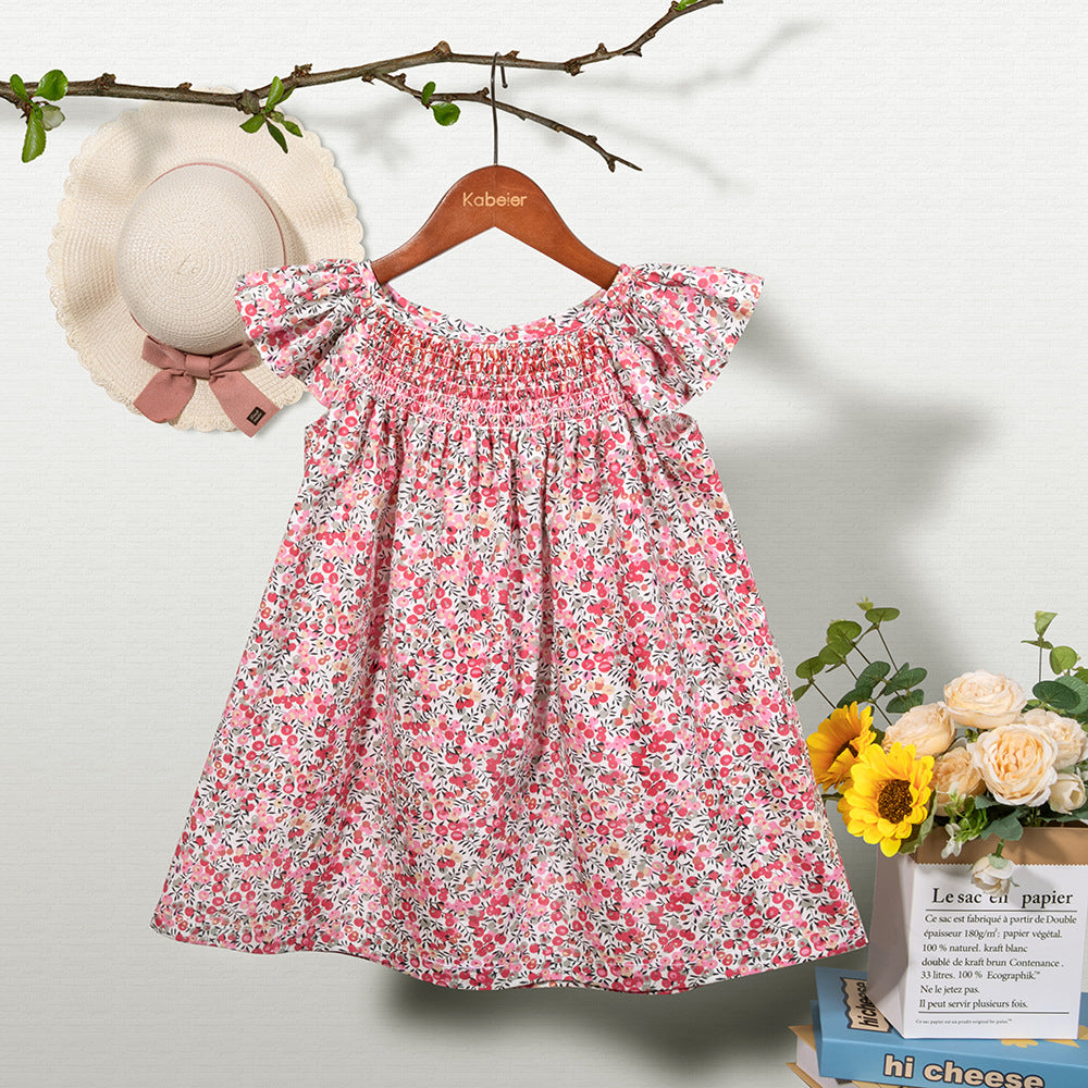 女童打揽碎花连衣裙复古女宝宝飞袖印花公主裙 Girls' Ruffled Floral Dress Vintage-Style Baby Girl Princess Dress with Flare Sleeves and Print