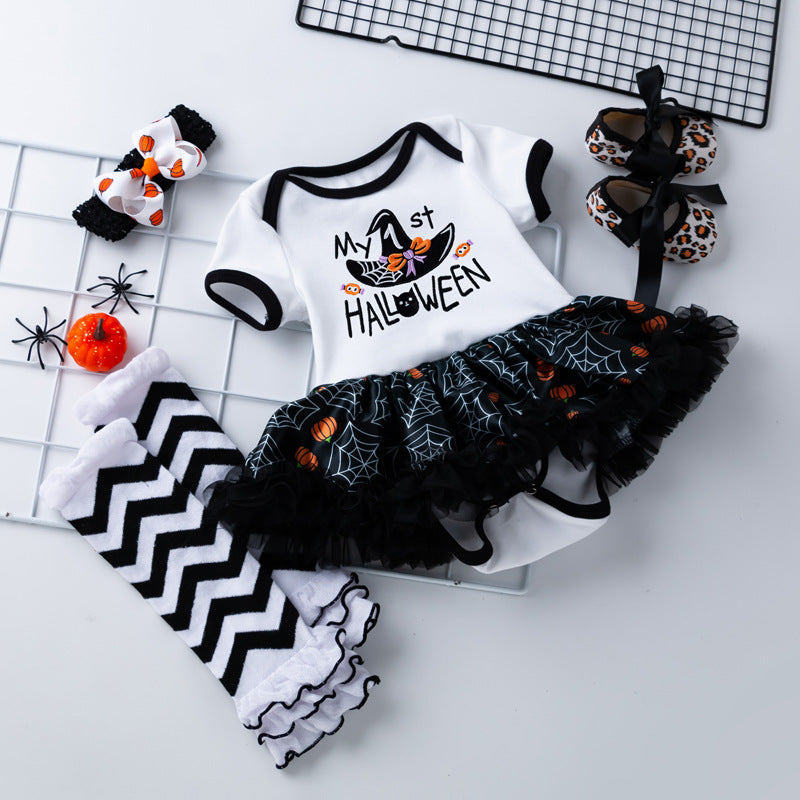 万圣节婴幼儿服饰女宝宝卡通绣花女巫帽短袖公主裙袜套装Halloween Baby and Toddler Outfit: Girls' Cartoon Embroidered Witch Hat, Short-Sleeve Princess Dress, and Socks Set