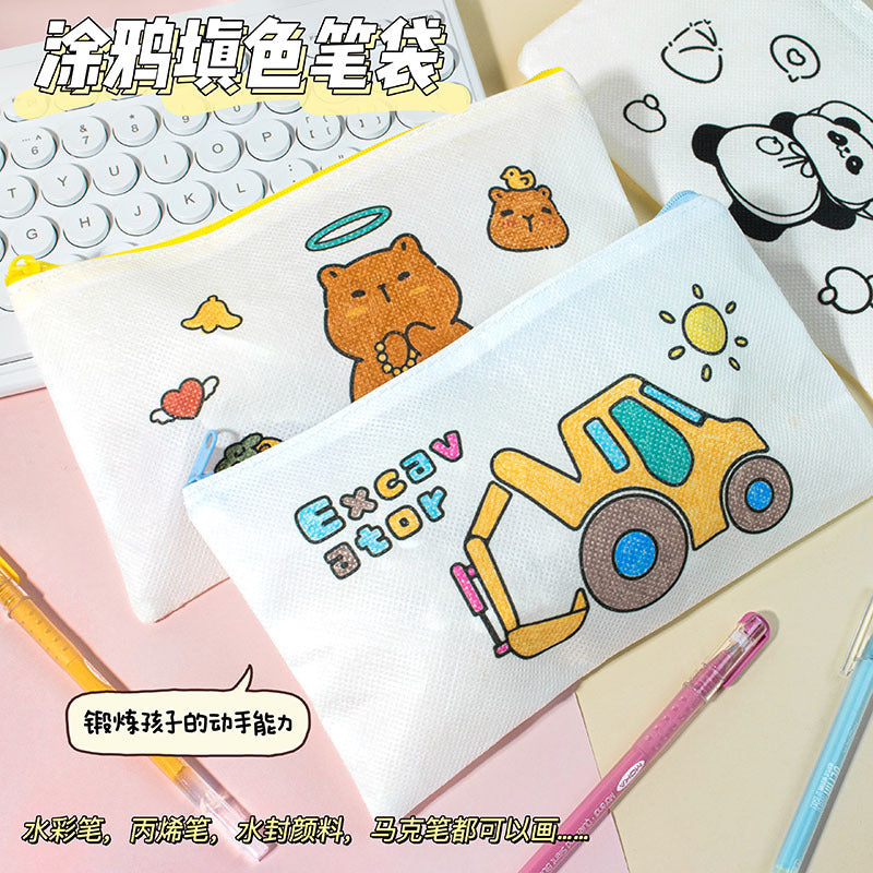 卡通DIY无纺布笔袋可爱文具收纳袋大容量学生简约铅笔袋手动填色Cartoon DIY Non-Woven Fabric Pencil Case, Cute Stationery Pouch, Large Capacity Student Pencil Case, Minimalist Design, Manual Coloring