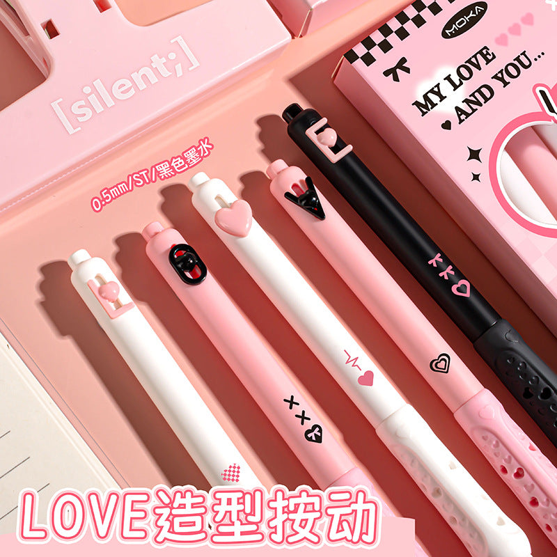 LOVE爱心甜酷配色高颜值按动笔中性笔学生刷题笔签字笔速干黑笔 LOVE Heart-Motif Sweet & Cool Color Scheme, High-Quality Push-Button Ballpoint Pen, Student Study Pen, Signature Pen, Quick-Drying Black Ink