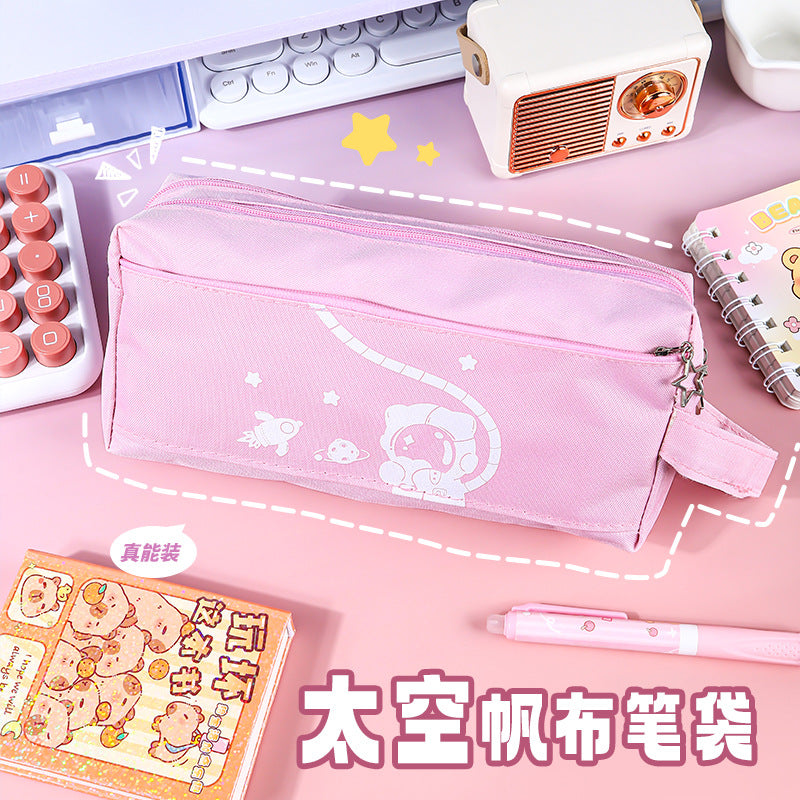 高颜值太空笔袋小学生三层大容量帆布文具袋多功能手提收纳袋Stylish Space-Themed Pencil Case: Three-Tier, Large-Capacity Canvas Stationery Bag for Elementary School Students—Multifunctional Carry-On Storage Bag