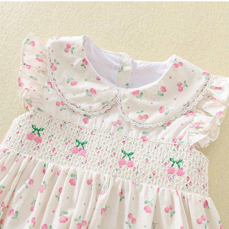 女童飞袖甜美打揽裙樱桃绣花可爱娃娃领刺绣连衣裙Girls' Sweet Flare-Sleeve Cherry-Embroidered Dress with a Cute Peter Pan Collar