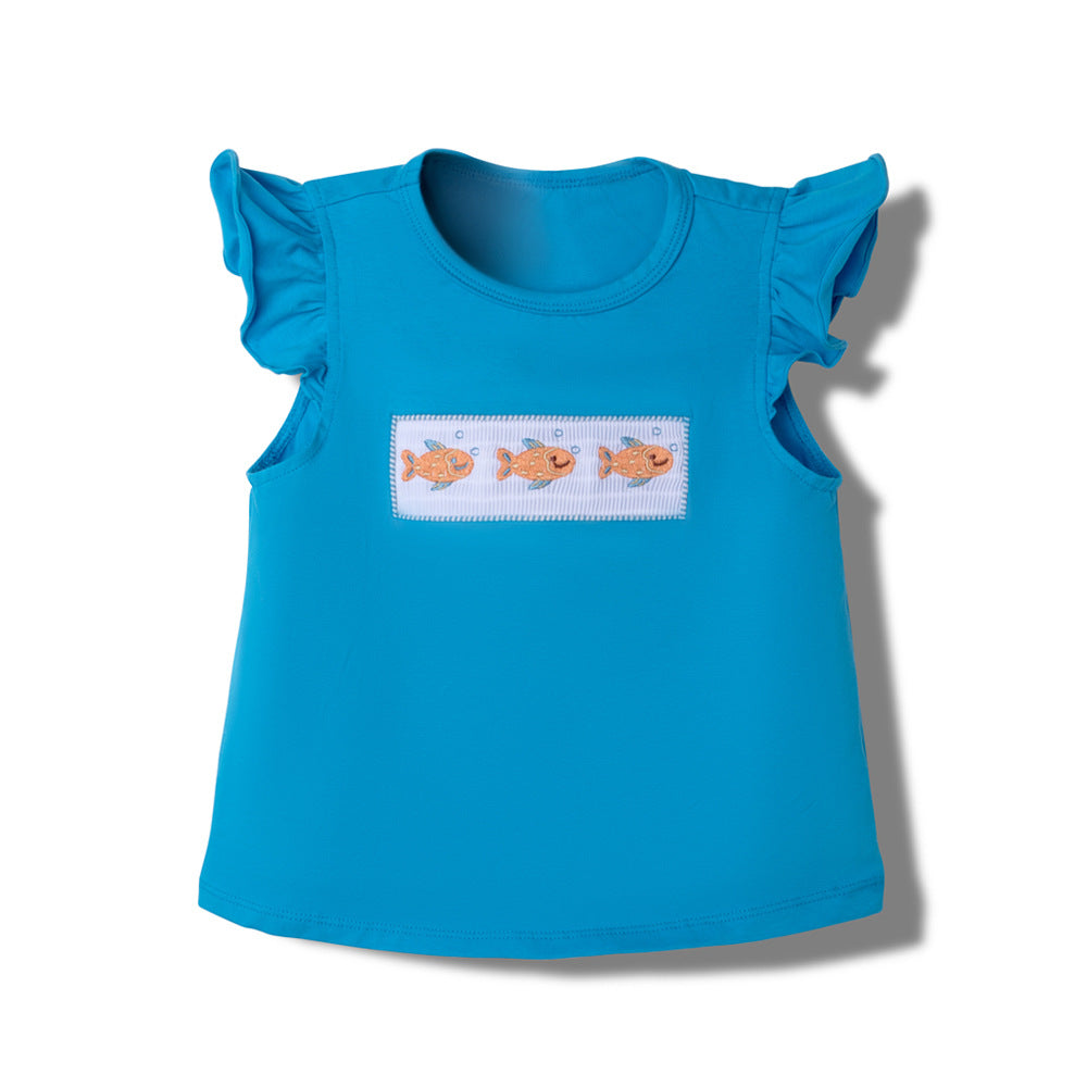 女童打揽刺绣套装飞袖小鱼绣花短袖花边短裤 Girls' Embroidered Set with Flare Sleeves, Small Fish Embroidery, Short-Sleeved Top, and Lace Shorts
