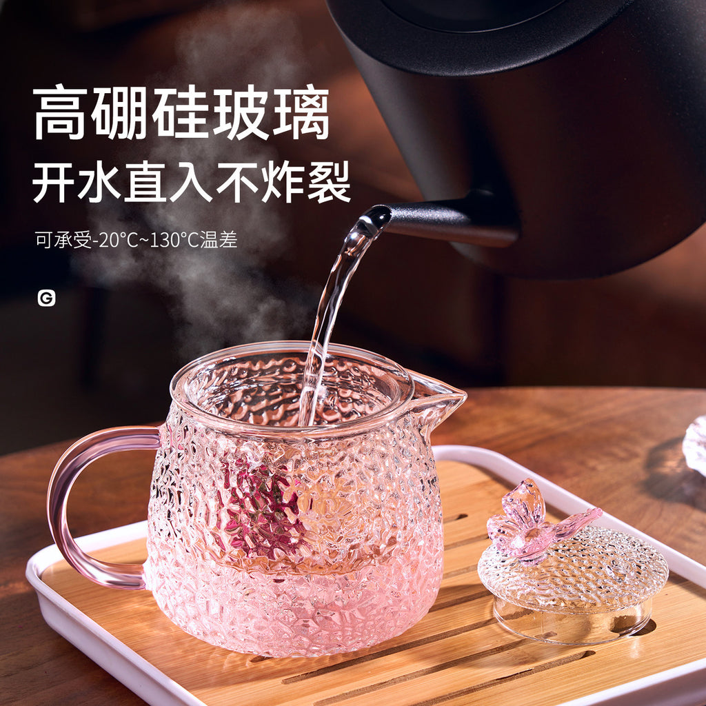 捷安玺锤纹煮茶壶一人专用茶具耐热玻璃泡茶壶高颜值女士花茶壶 Hammered-Pattern Teapot, Single-Serving Tea Set, Heat-Resistant Glass Teapot, Stylish Women's Floral Teapot