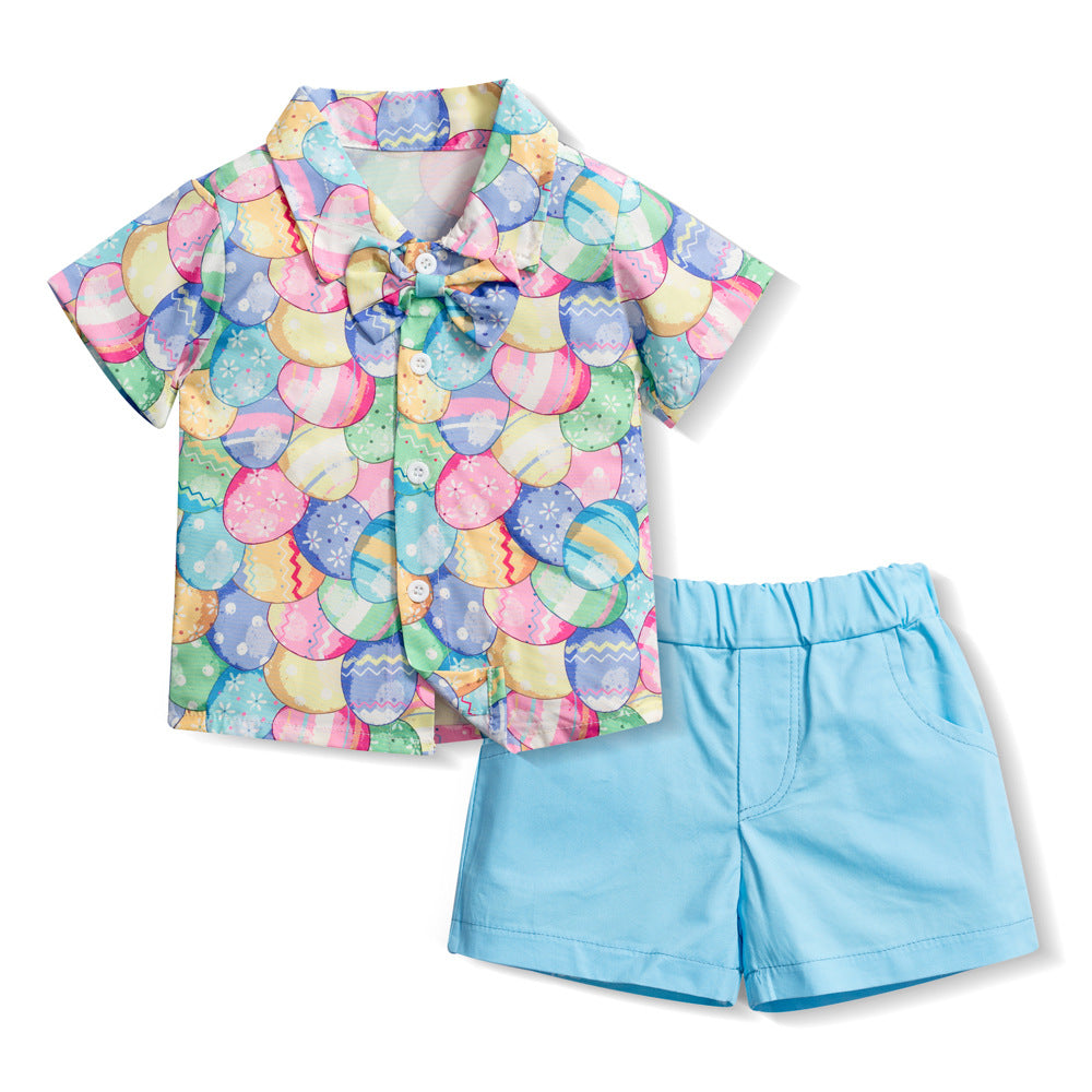 男宝宝童装批发复活节彩蛋节日男童短袖短裤多件套Wholesale Boys' Clothing: Easter Egg-Themed Festive Short-Sleeve Shirts and Shorts Sets
