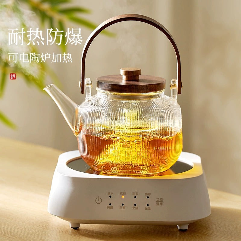 玻璃煮茶壶竖纹茶具套装电陶炉煮茶器下午围炉蒸泡白茶提梁烧水壶Glass Teapot with Vertical Stripes, Tea Set, Electric Ceramic Stove, Tea Maker, Afternoon Tea Set for Steaming and Brewing White Tea, Handle-Style Kettle