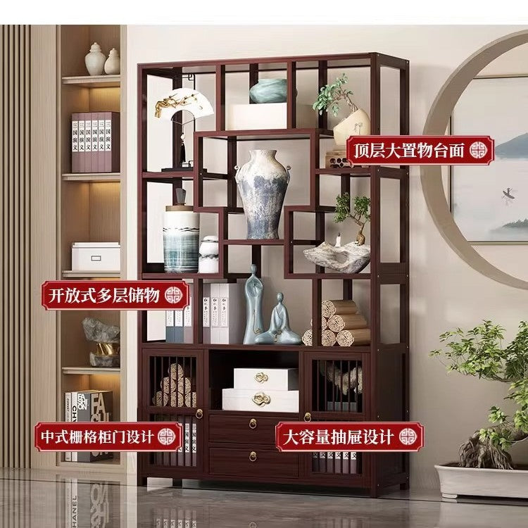新中式博古架多宝阁 实木置物架客厅隔断展示柜古董摆件架New Chinese-style display cabinet, multi-shelf cabinet; solid wood shelving unit, living room room divider, display cabinet, antique ornament stand