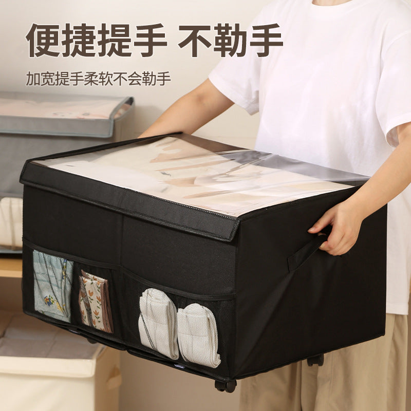 衣服收纳箱布艺可折叠透明盖防尘防潮衣物储物箱带轮拉链棉被收纳Cloth Storage Box – Foldable, with Transparent Lid, Dust-proof and Moisture-proof, with Wheels and Zips, for Storing Quilts