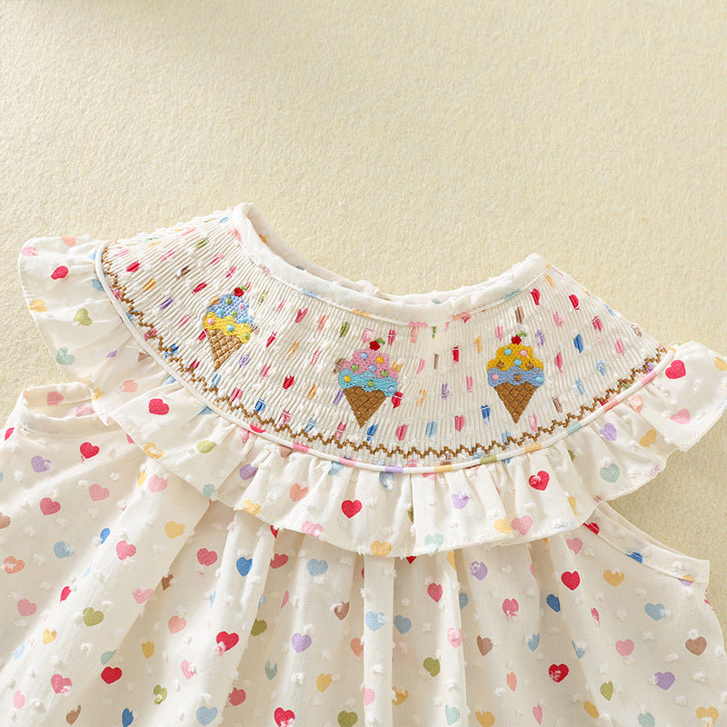 女童冰淇淋刺绣打揽连衣裙夏季女宝宝爱心印花棉布公主裙 Girls' Ice Cream Embroidered Summer Dress—Baby Girl's Heart-Print Cotton Princess Dress