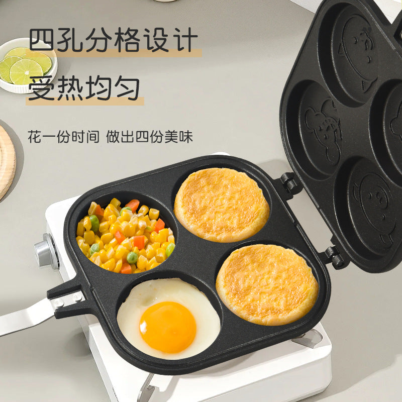 方形车轮饼烤盘双面四孔动物鸡蛋饼不粘锅家用多功能早餐煎锅Square Wheel-Shaped Pancake Baking Tray, Double-Sided, Four-Hole, Animal-Shaped Egg Pancake Non-Stick Pan, Household Multi-Functional Breakfast Frying Pan