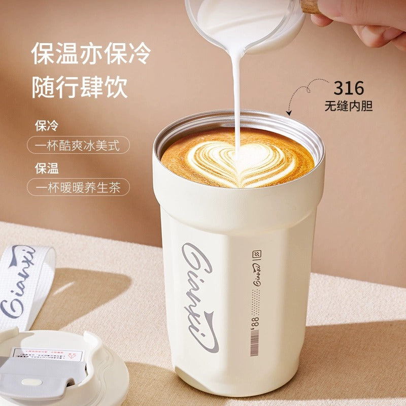 网红高颜值简约提绳不锈钢咖啡保温杯 户外便携车载随行咖啡杯Minimalist Stainless Steel Insulated Coffee Mug with Carrying Strap—Portable Outdoor and Car Coffee Mug