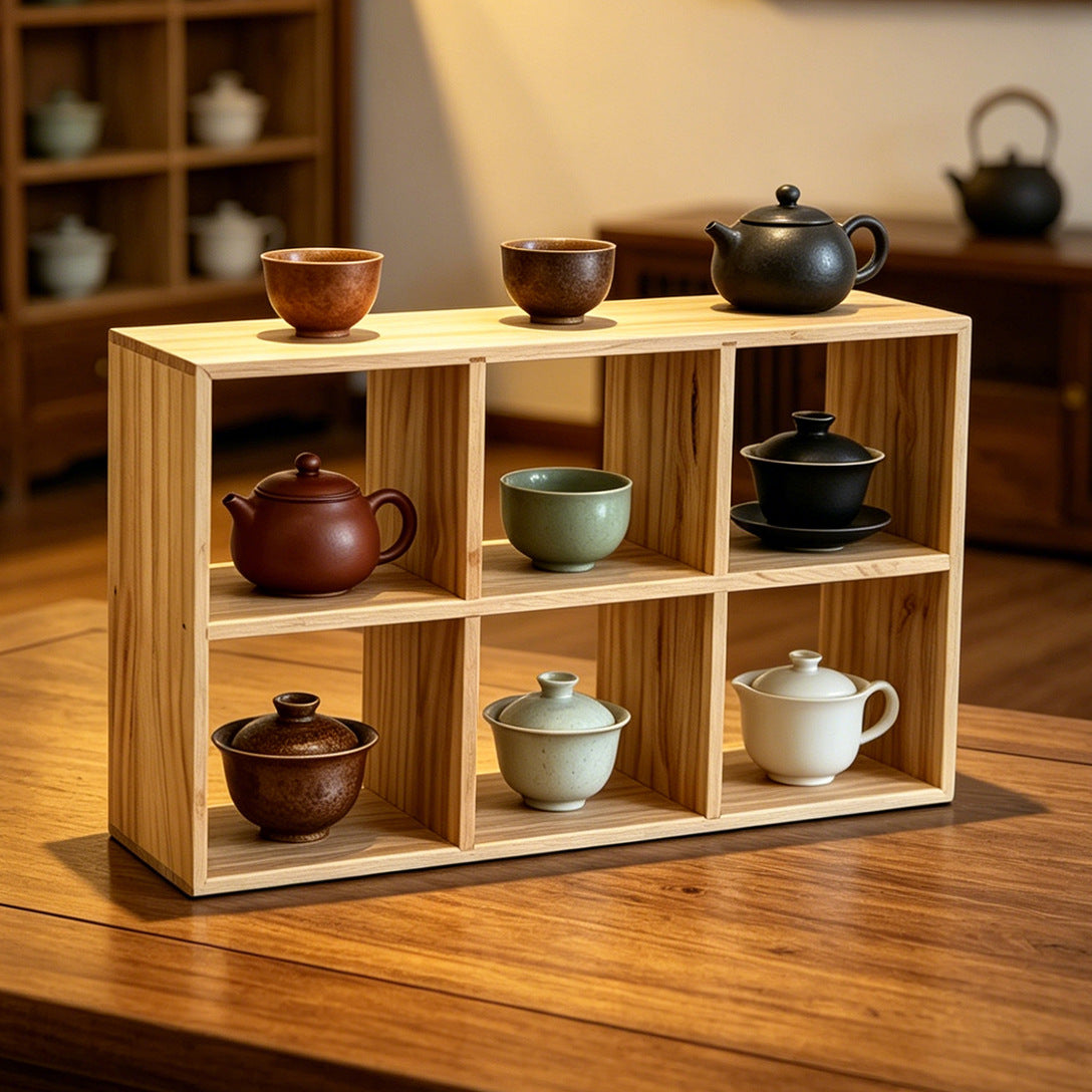 实木茶杯架子茶壶架多宝格复古茶具博古架手工收纳架六宫格茶架Solid wood teacup rack, teapot stand, display cabinet, vintage tea set cabinet, handcrafted storage rack, six-compartment tea rack