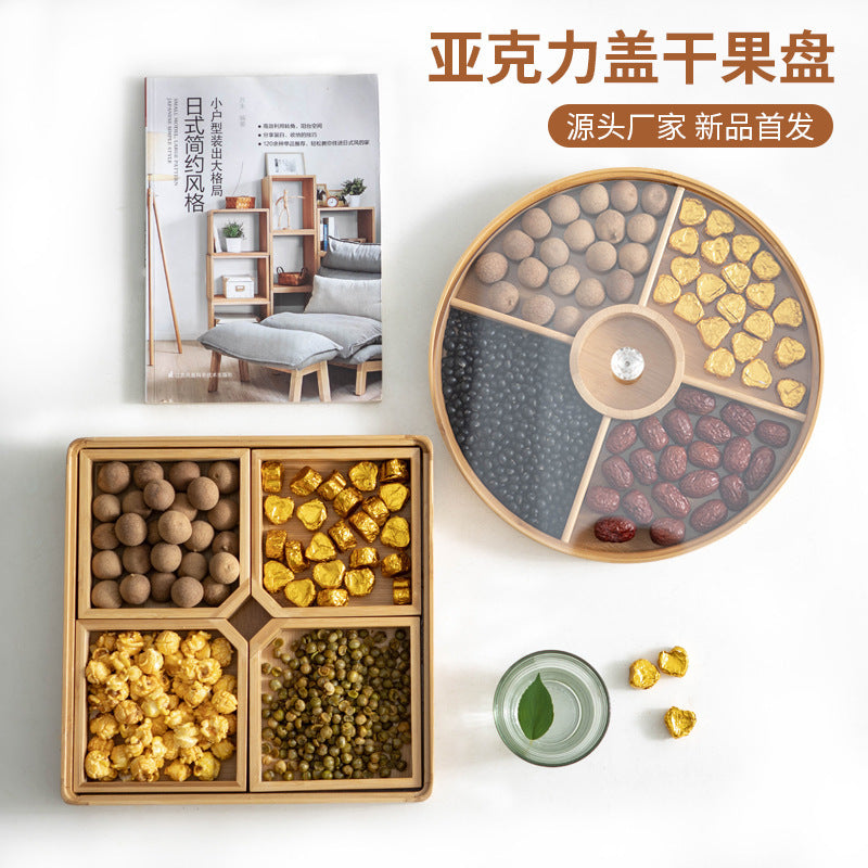 食材格子拼盘方形菜盘茶点盘竹制零食坚果九宫格托盘带盖围炉煮茶Compartmentalised serving platters, square serving dishes, tea and pastry platters, bamboo snack and nut trays, nine-compartment trays with lids, for cooking tea over a fire