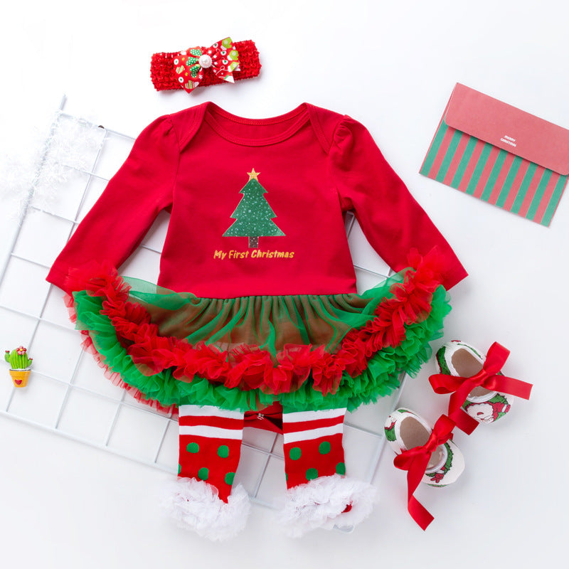 圣诞节女宝宝节日装婴儿春秋长袖红绿包屁裙公主哈衣裙四件套Christmas Outfit for Baby Girls: Spring/Fall Long-Sleeve Red and Green Rompers and Princess-Style Dresses—4-Piece Set