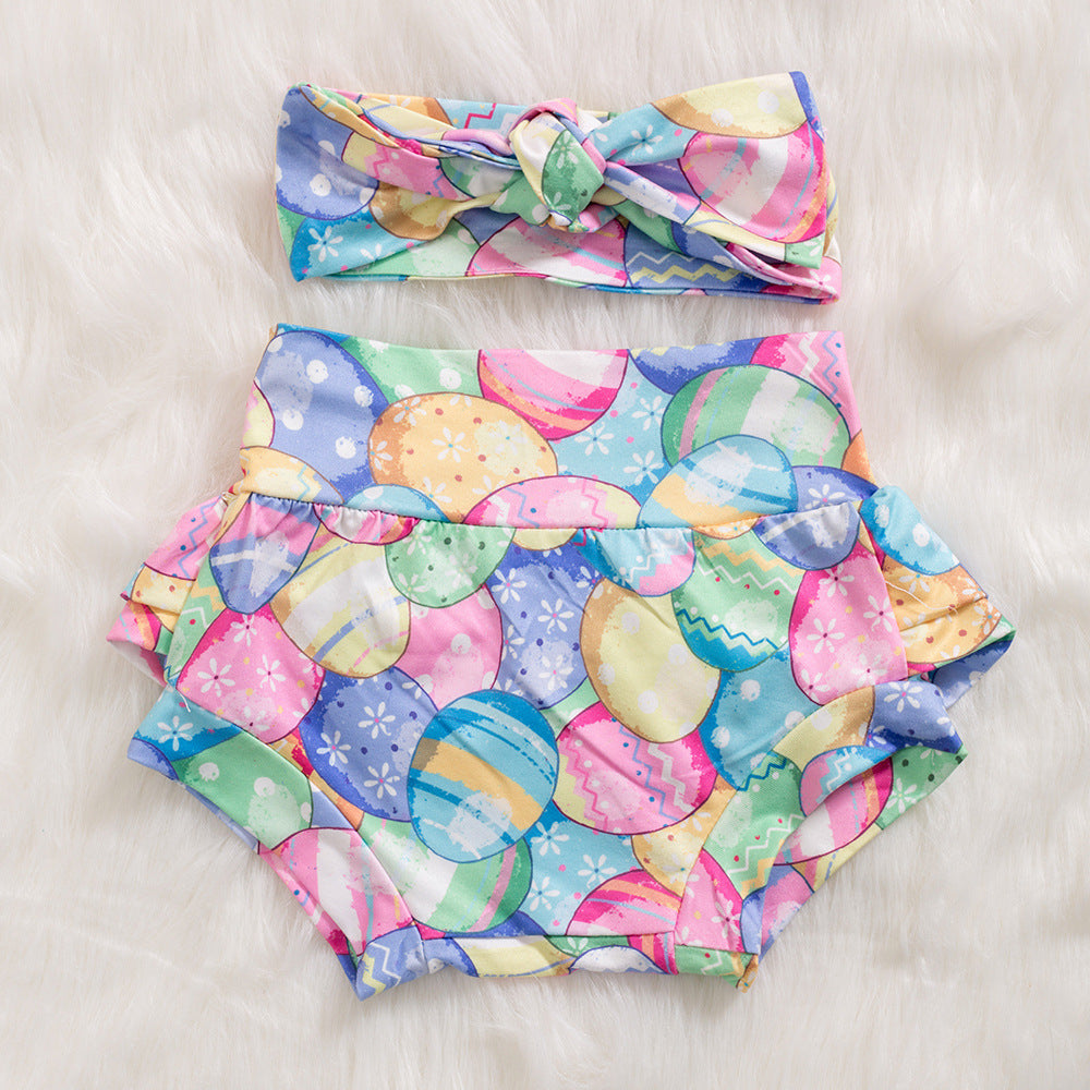 Easter女童飞袖哈衣兔子彩蛋PP裤Easter Girls' Ruffled-Sleeve Hoodie with Rabbit and Easter Egg Print, PP Pants