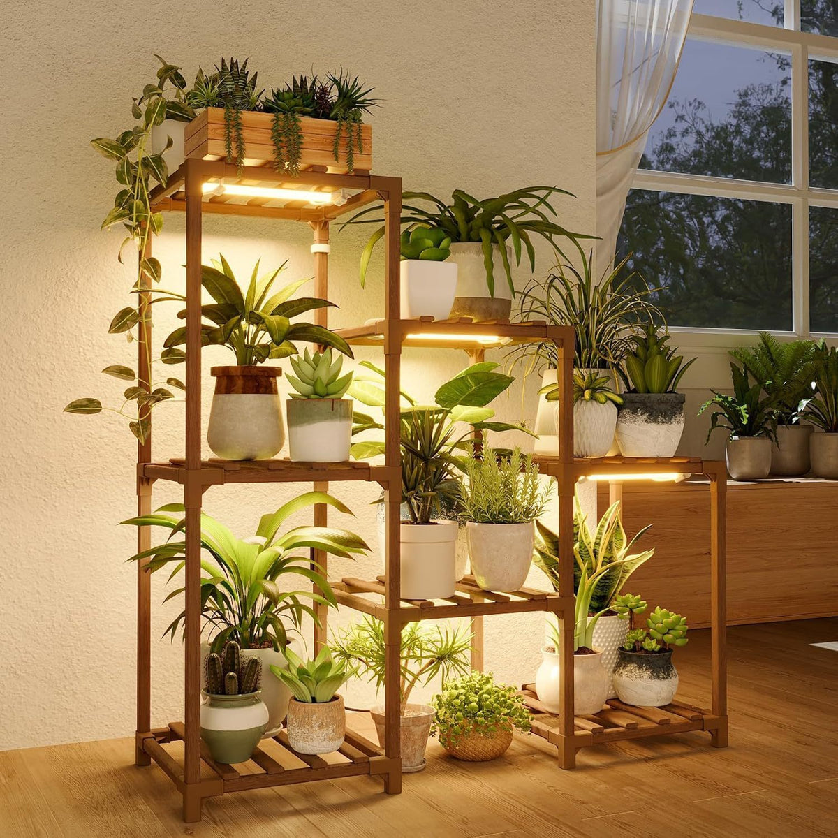 植物灯花架阳台多层植物架带滚轮落地式花盆架客厅绿植收纳置物架Plant Light Stand, Balcony Multi-Tier Plant Rack with Castors, Floor-Standing Plant Pot Stand, Living Room Houseplant Storage Shelf