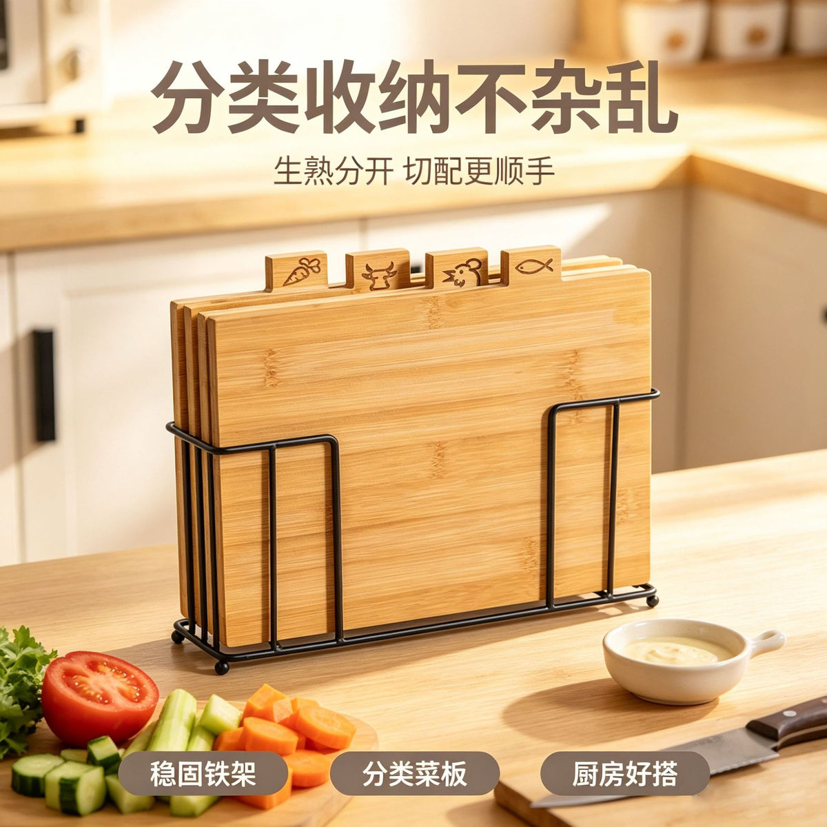 全竹分类菜板套装家用生熟分开砧板鱼肉果蔬肉类分切竹案板带收纳All-bamboo categorised chopping board set for home use – separate boards for raw and cooked food; bamboo chopping boards for fish, meat, fruit, vegetables and other meats, with storage