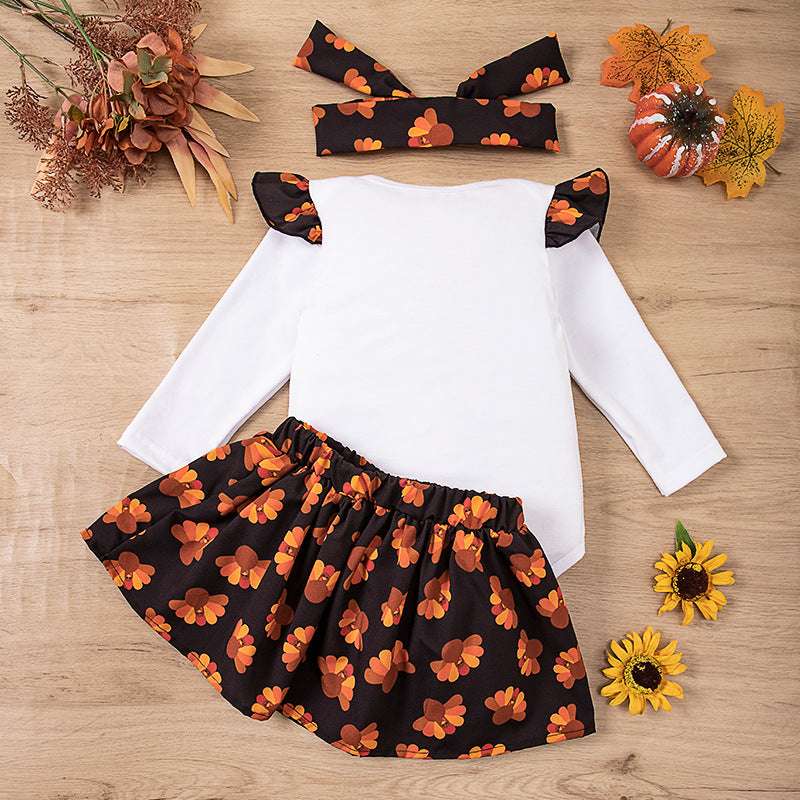 感恩节宝宝派对礼服飞袖哈衣色丁火鸡半身裙套装Thanksgiving Baby Party Dress: Ruffle-Sleeve Rompers with Satin Turkey Skirt Set