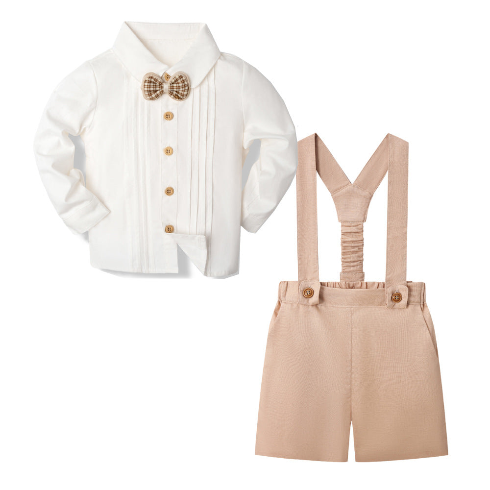 周岁男宝宝绅士礼服套装男童长袖短裤英伦生日背带裤1-Year-Old Boy's Formal Suit Set: Long-Sleeve Shirt and Shorts, British-Style Birthday Overalls